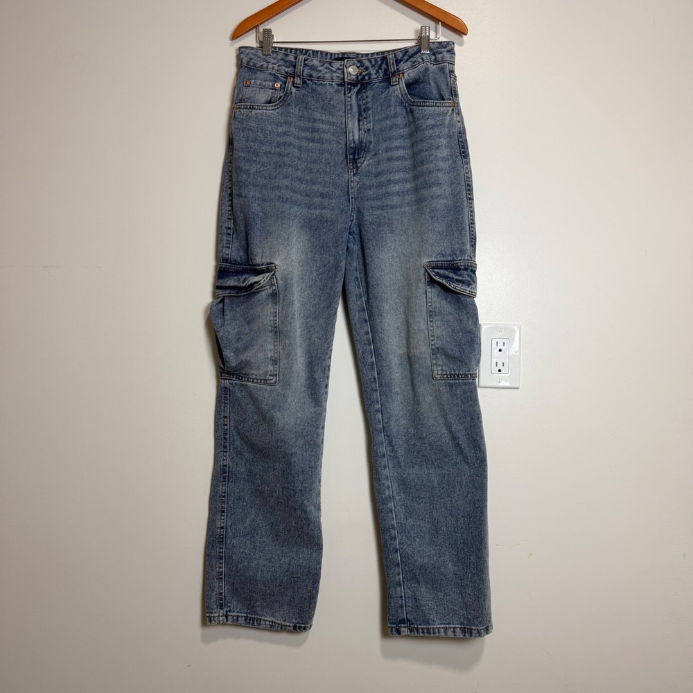 Aeropostale High Waisted Cargo Straight Leg Jeans Blue Womens Size 10 Utility